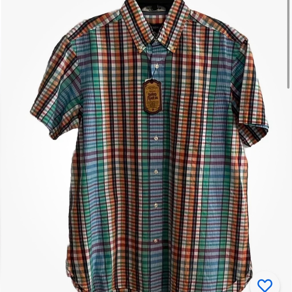 NWT Mens Indian Madras Org/Blue/Green Plaid Short Slv Button Up Shirt w Pkt $75